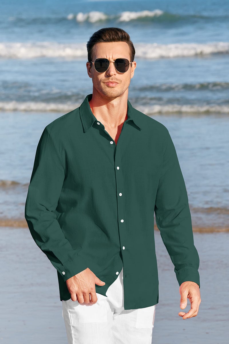 Runcati Mens Linen Casual Long Sleeve Shirt Cotton Tees Loose Fit Button Down Roll Up Summer Beach Yoga Tops (XXX-Large, Green-1) - Image 2